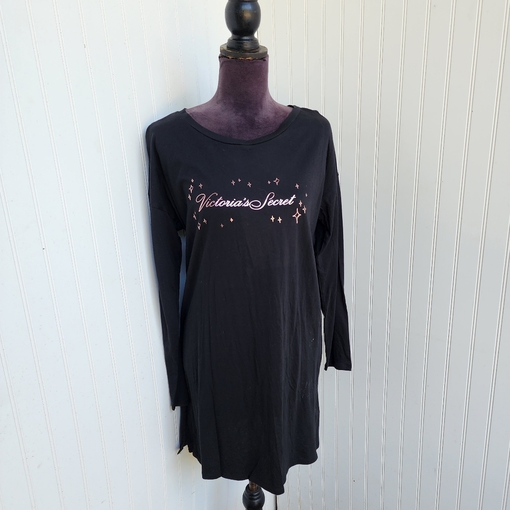 NWT Victoria’s Secret Sleep Shirt Nightgown Black Rose Gold Foil Long Sleeve S